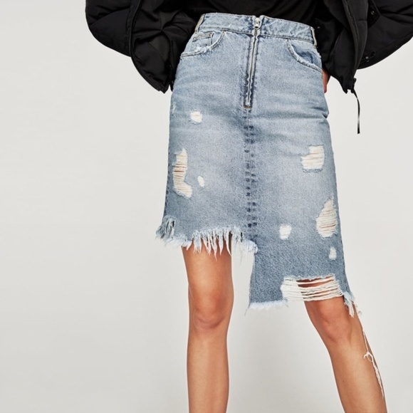 distressed denim midi skirt